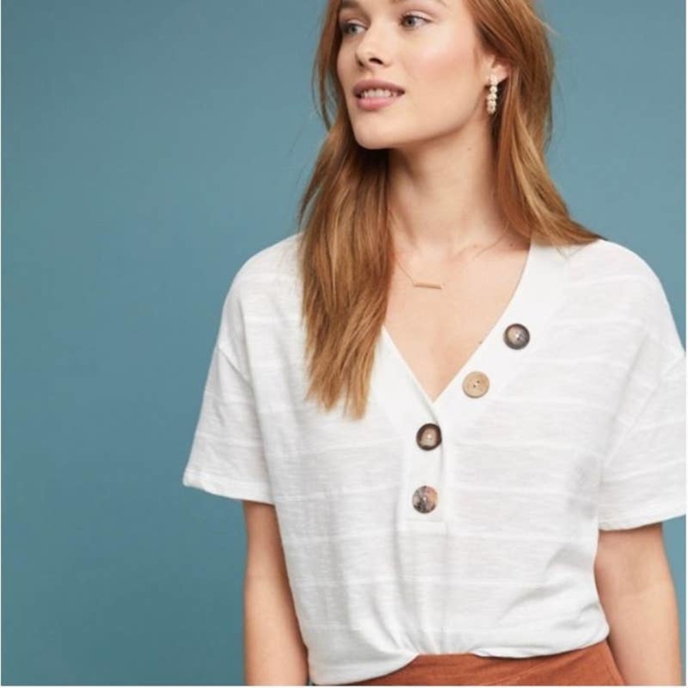 Anthropologie Eri+Ali Seaside White Button V-neck Blouse - Picture 1 of 5